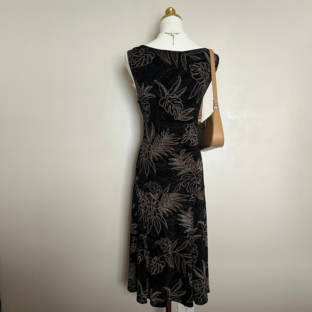 Chico's Travelers Black Bronze Metallic Tropical Leaf Print sling Dress Size L - Picture 4 of 9